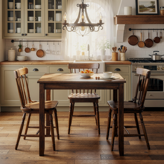 Sunvega Brown Acacia Veneer Counter Height Dining Table Set with 4 Upholstered Chairs