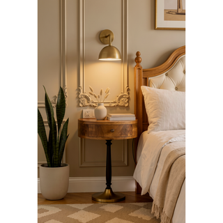Sunvega Solid Wood Wall-Mounted Rounded Nightstand with One Drawer in Oak-ish Light Brown