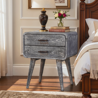 Sunvega Sandblasted Ash Curved Bedside with Brass Handles and Nordic-Style Legs
