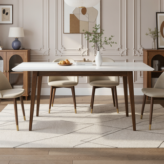 Sunvega Mid-Century Modern Solid Wood Rectangular Dining Table with Brown Stain Finish