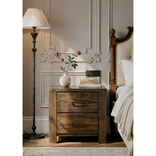 Sunvega Elegant Oak Nightstand with Two Spacious Drawers and Antique Brass Handles