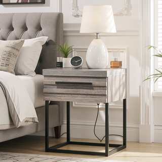 Sunvega Modern Weathered Gray Ash Wood Nightstand with Black Metal Base