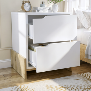 Sunvega Brookland Nightstand with Double Drawers and Sturdy Base in White Macadamia