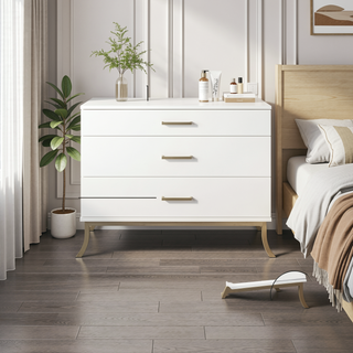Sunvega 3-Drawer Dresser with Gold Bar Pull Handles and Curved Metal Legs