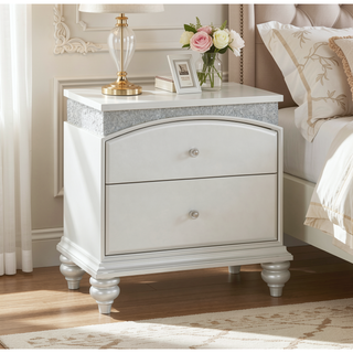 Sunvega Platinum Finish Nightstand with Spacious Drawers and Rhinestone Inlays