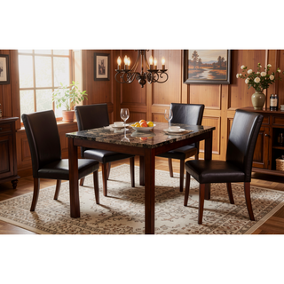 Sunvega Espresso Brown Finish Faux Marble Top Dining Table with 4 Cushioned Chairs