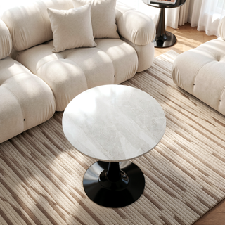 Sunvega Round White Pedestal Side Table with Marble Effect Top for Living Room