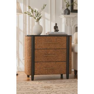 Sunvega Mocha-Finished Solid Mango Wood Chest with Handwoven Rattan Drawer