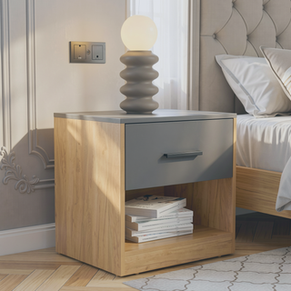 Sunvega Matt Grey Macadamia Nightstand with Drawer and Open Shelf for Bedroom