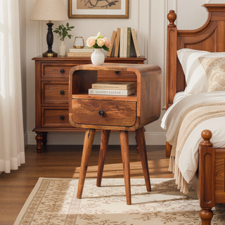 Sunvega Mini Oak-ish Curve Nightstand with 1 Drawer and Open Slot