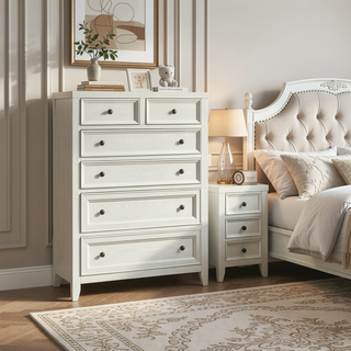 Sunvega Gypsum Whitewash 6-Drawer Chest with Sleek Metal Knobs
