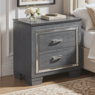 Sunvega Silver Faux Alligator Embossed Nightstand with 2 Dovetail Drawers and LED Lighting