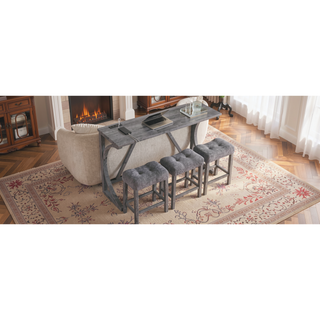 Sunvega 59 Inch Bar Table Set with Power Outlet and 3 Upholstered Stools for Living Room