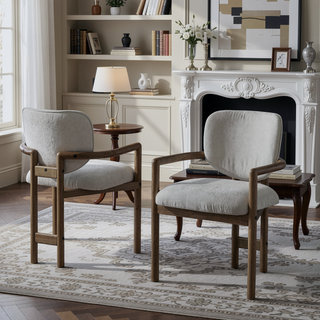 Sunvega Upholstered Arm Chairs Set of 2 with White Fabric Seating and Rubber Wood Frame