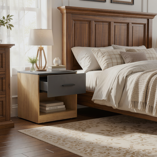 Sunvega Matt Grey Macadamia Nightstand with Drawer and Open Shelf for Bedroom