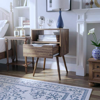 Sunvega Smokey Oak and White Finish Nightstand with Open Shelf and Drawer