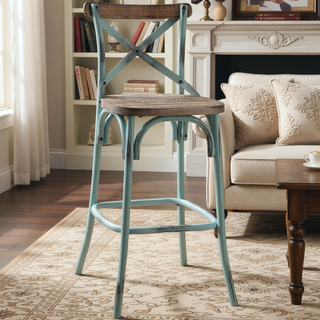 Sunvega Vintage-Style Bar Stool with Cross Back Wooden Seat and Metal X Base