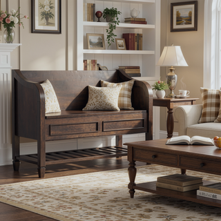 Sunvega Solid Wood Storage Bench with Shelf and Dark Chestnut Brown Stain