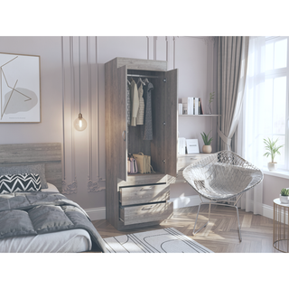 Sunvega Light Gray Armoire with Double Doors Two Drawers and Integrated Hanging Rod