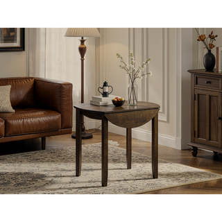 Sunvega Contemporary Round Dining Table with Drop Leaf in Solid Rubber Wood