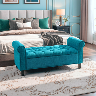 Sunvega Teal Tufted Storage Ottoman Bench with Rolled Arms for Bedroom Living Room
