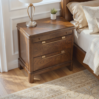 Sunvega Brown Walnut Nightstand with Two Drawers and Pull-Out Shelf