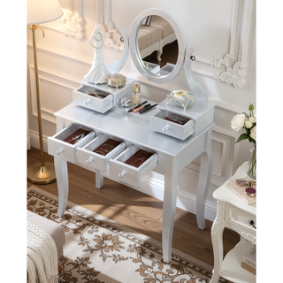 Sunvega Adjustable Oval Wooden Frame Vanity Table with Mirror and Stool