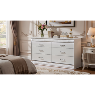 Sunvega Glam Modern White Wood Dresser with Crystal Accents and Integrated LED Lighting