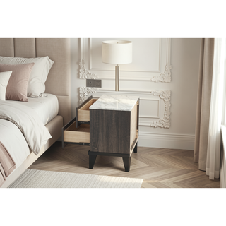 Sunvega Cream Oak Nightstand with Faux Marble Top and Rustic Wood Accents