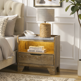 Sunvega Transitional Light Aspen Brown Nightstand with LED Light and USB Ports