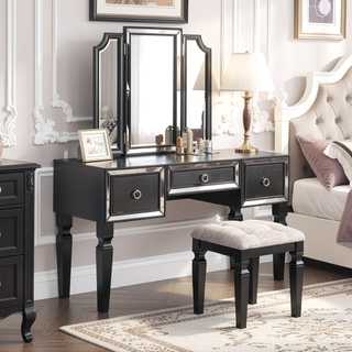 Sunvega Traditional Black Rubber Wood Vanity Set with Tri-Fold Mirror and Tufted Stool