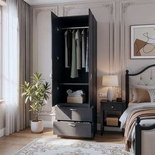 Sunvega Tall Mayer Wardrobe with Two Doors and Two Drawers in Melamine