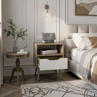 Sunvega Modern Natural Oak and White Nightstand with Drawer and Shelf