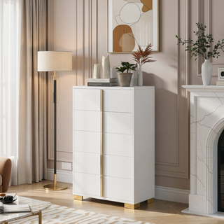 Sunvega Modern Art Deco White Five-Drawer Chest with Gold Hardware and Smooth Glide