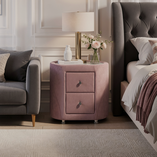Sunvega Pink Velvet Upholstered Modern Nightstand with Two Drawers and Glass Top