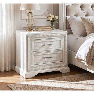 Sunvega Antique White Finish Wooden Nightstand with Two Drawers and Bar Handles