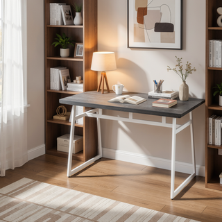 Sunvega Industrial Dining Table with Vintage White Metal and Espresso Wood-Pressed Grain Bamboo Top