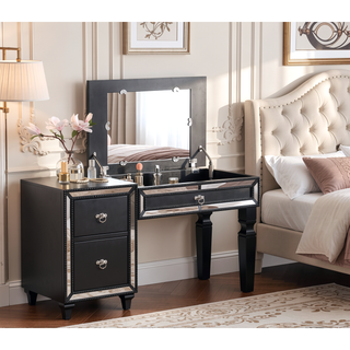 Sunvega Traditional Cherry Wood Vanity Set with Tufted Stool and Storage Drawers