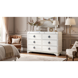 Sunvega Modern White Dresser with Six Soft Closing Drawers and Crystal Accent Handles