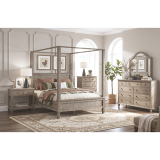 Sunvega Gray Oak Finish Classic Transitional Nightstand with 2 Drawers and Open Shelf