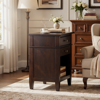 Sunvega Dark Tobacco Brown Solid Wood Bedside Table with Two Spacious Drawers