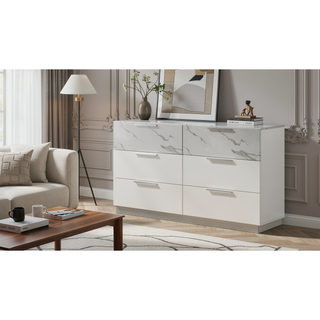 Sunvega White Lacquer Dresser with Six Smooth-Glide Drawers and Marble Accents