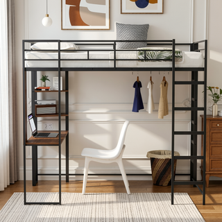 Sunvega Twin Metal Loft Bed with 2 Shelves and Desk for Study and Storage