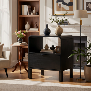 Sunvega Modern Minimalist Curved-Top Solid Pine Wood Nightstand with Drawer and Cubby