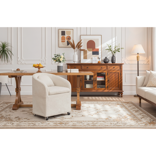Sunvega Chenille Fabric Dining Arm Chair with Upholstered Back Cushion and Universal Wheels