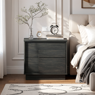 Sunvega Modern Whitewashed Oak Nightstand with Two Push Open Drawers for Bedroom