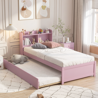Sunvega White Twin Trundle Bed with Storage Headboard and Bookcase