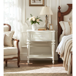 Sunvega Floral Pattern Ivory Nightstand with Drawer and Open Shelf Storage