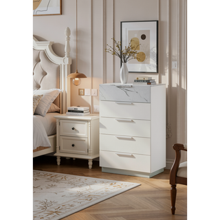 Sunvega Mist Chest White High-Gloss Lacquer Finish with Five Smooth-Glide Drawers