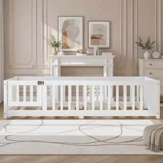 Sunvega Twin Size Floor Bed with Safety Guardrails and Door for Kids in Natural